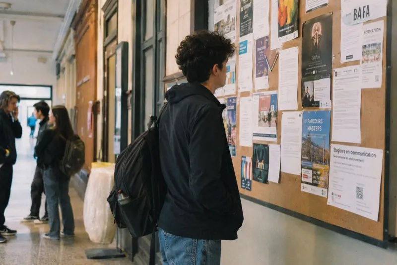 Étudiant consultant un panneau d'affichage dans un couloir universitaire