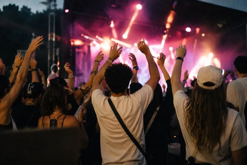 Étudiants les bras levés lors d'un concert en plein air